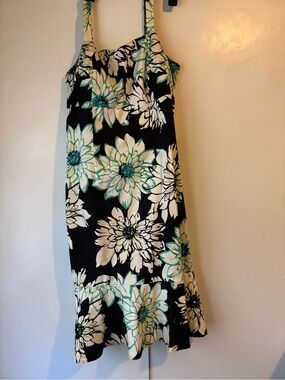 Floral Sleeveless Sun Dress in Black and White with Teal Accents